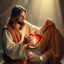 Jesus Christ kneeling beside a man, both holding a broken heart together in their hands