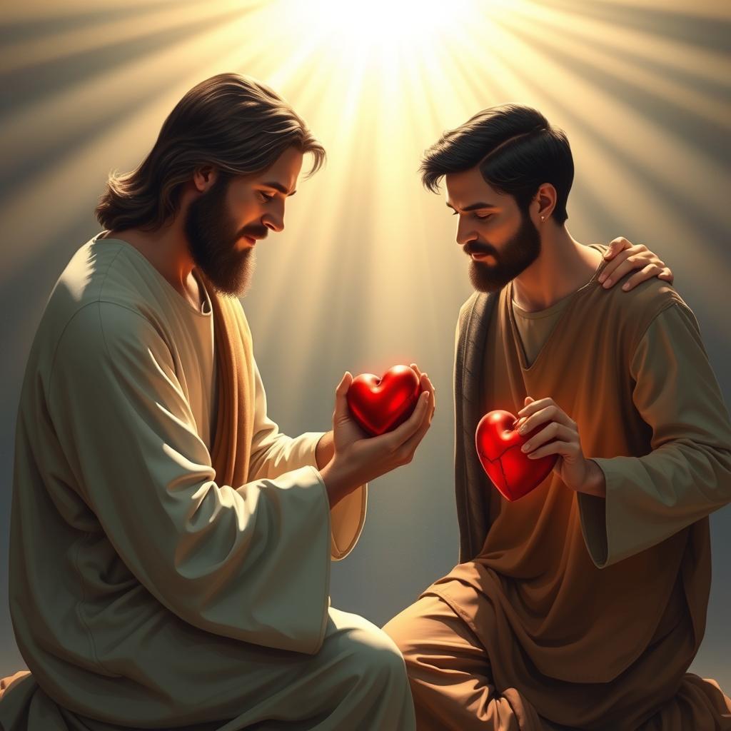 Jesus Christ kneeling with two men, each holding a broken heart in their hands