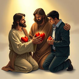 Jesus Christ kneeling with two men, each holding a broken heart in their hands