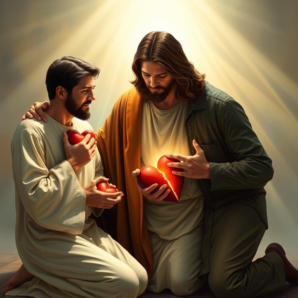 Jesus Christ kneeling with two men, each holding a broken heart in their hands