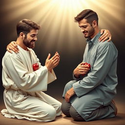 Jesus Christ kneeling with two men, each holding a broken heart in their hands