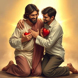 Jesus Christ kneeling together with two men, each holding a broken heart