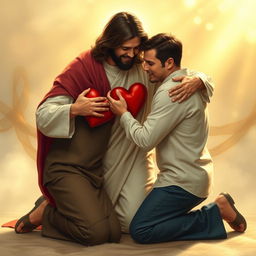 Jesus Christ kneeling together with two men, each holding a broken heart