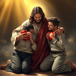 Jesus Christ kneeling together with two men, each holding a broken heart