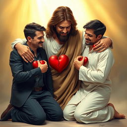 Jesus Christ kneeling together with two men, each holding a broken heart