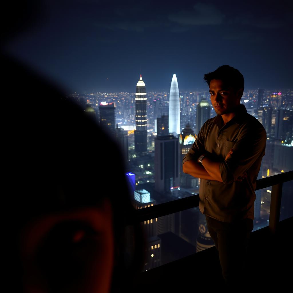 A stunning view of Jakarta's skyline at night, showcasing skyscrapers and sparkling city lights