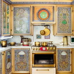 Kitchen interior showcasing Yazd traditional design, complete with ornate cabinetry, tiled backsplash reflecting typical Persian motifs, a central hearth, and brass utensils hung on walls.