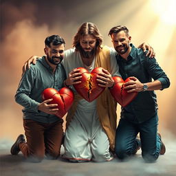 Jesus Christ kneeling alongside two men, each holding a cracked heart with Jesus in the center