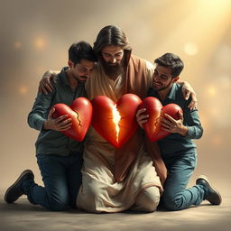 Jesus Christ kneeling alongside two men, each holding a cracked heart with Jesus in the center