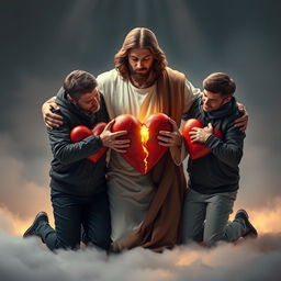 Jesus Christ kneeling alongside two men, each holding a cracked heart with Jesus in the center