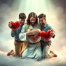 Jesus Christ kneeling alongside two men, each holding a cracked heart with Jesus in the center