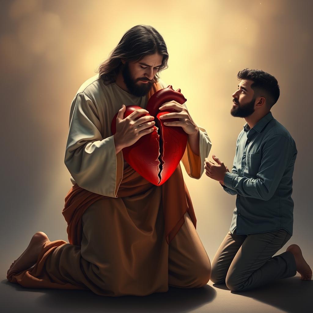 Jesus Christ kneeling beside a man, both holding a cracked heart together