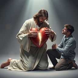 Jesus Christ kneeling beside a man, both holding a cracked heart together