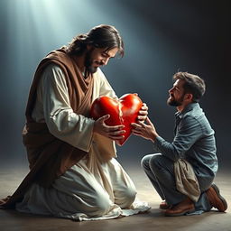 Jesus Christ kneeling beside a man, both holding a cracked heart together