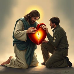 Jesus Christ kneeling beside a man, both holding a cracked heart together