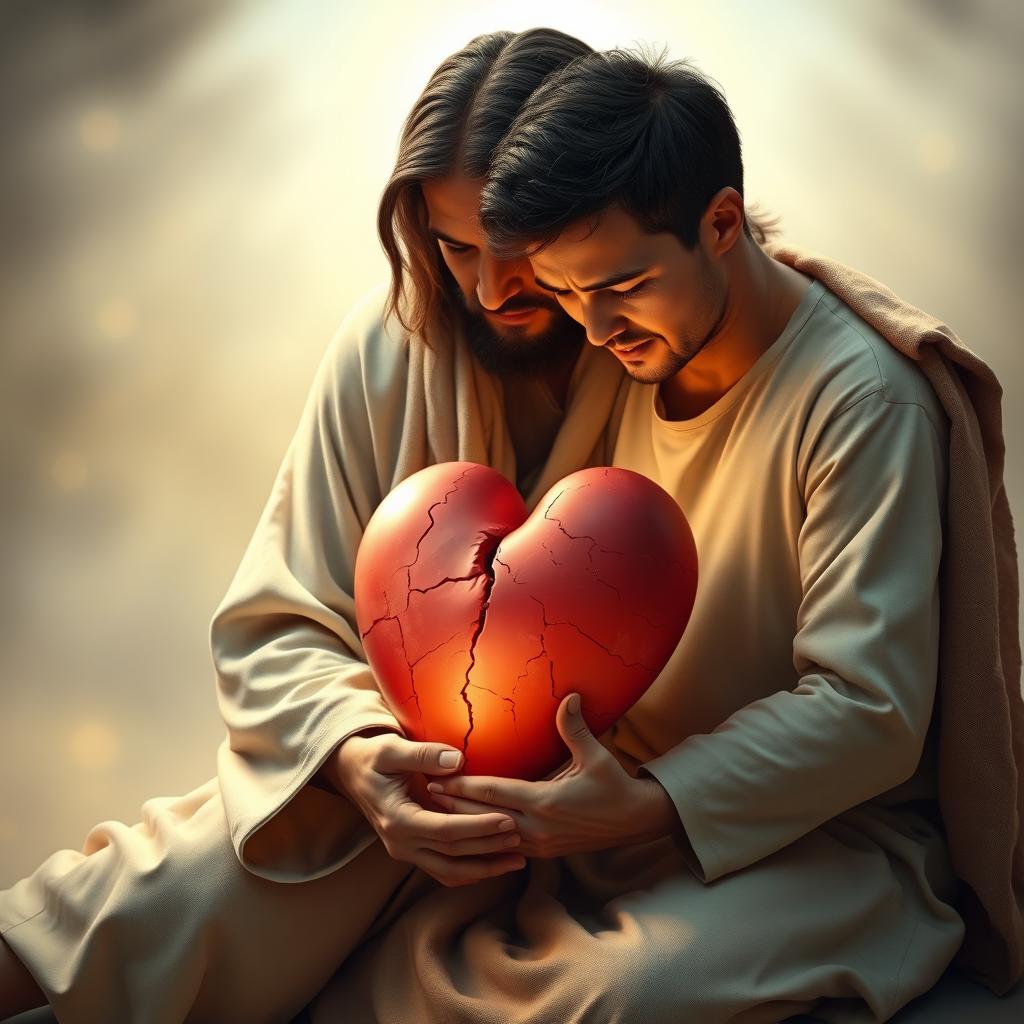 Jesus Christ kneeling next to a crying man, both sharing the weight of a regular-sized cracked heart in their hands