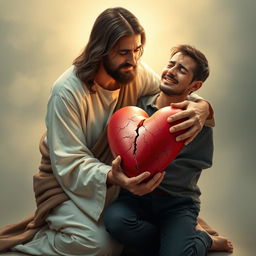 Jesus Christ kneeling next to a crying man, both sharing the weight of a regular-sized cracked heart in their hands