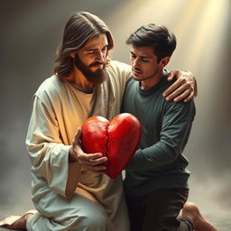 Jesus Christ kneeling next to a crying man, both sharing the weight of a regular-sized cracked heart in their hands