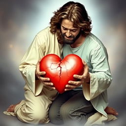 Jesus Christ kneeling next to a crying man, both sharing the weight of a regular-sized cracked heart in their hands