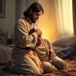 Jesus Christ kneeling in a cozy bedroom next to a crying man