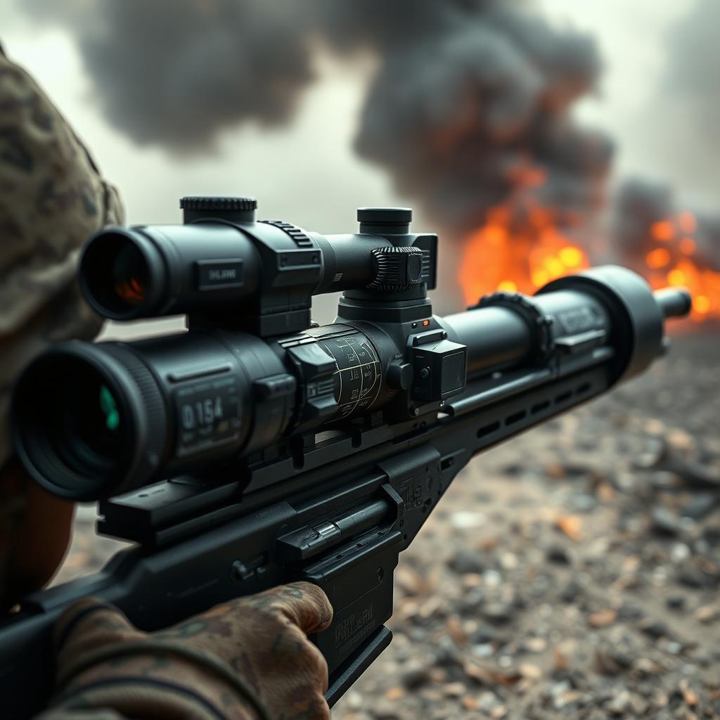 In the midst of a tense warzone, a sniper with a high-tech, cutting-edge scope peers through their scope