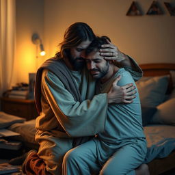 Jesus Christ kneeling in a cozy bedroom next to a crying man