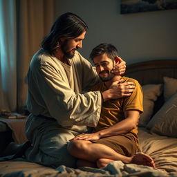 Jesus Christ kneeling in a cozy bedroom next to a crying man