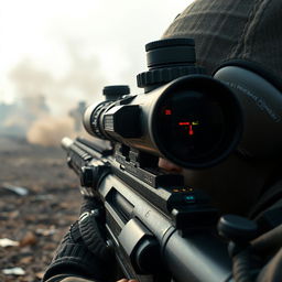 In the midst of a tense warzone, a sniper with a high-tech, cutting-edge scope peers through their scope