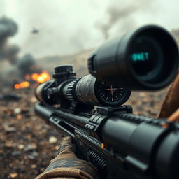 In the midst of a tense warzone, a sniper with a high-tech, cutting-edge scope peers through their scope