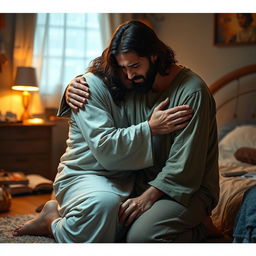 Jesus Christ kneeling in a cozy bedroom next to a crying man