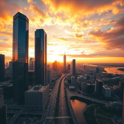 A stunning photograph capturing a vast cityscape at sunset, with the sun casting a warm golden hue over the skyline