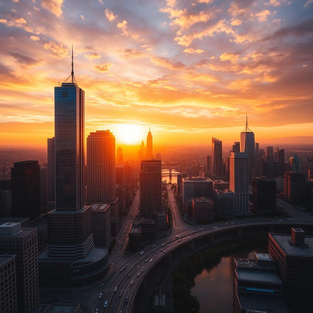 A stunning photograph capturing a vast cityscape at sunset, with the sun casting a warm golden hue over the skyline