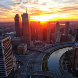 A stunning photograph capturing a vast cityscape at sunset, with the sun casting a warm golden hue over the skyline