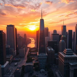 A stunning photograph capturing a vast cityscape at sunset, with the sun casting a warm golden hue over the skyline