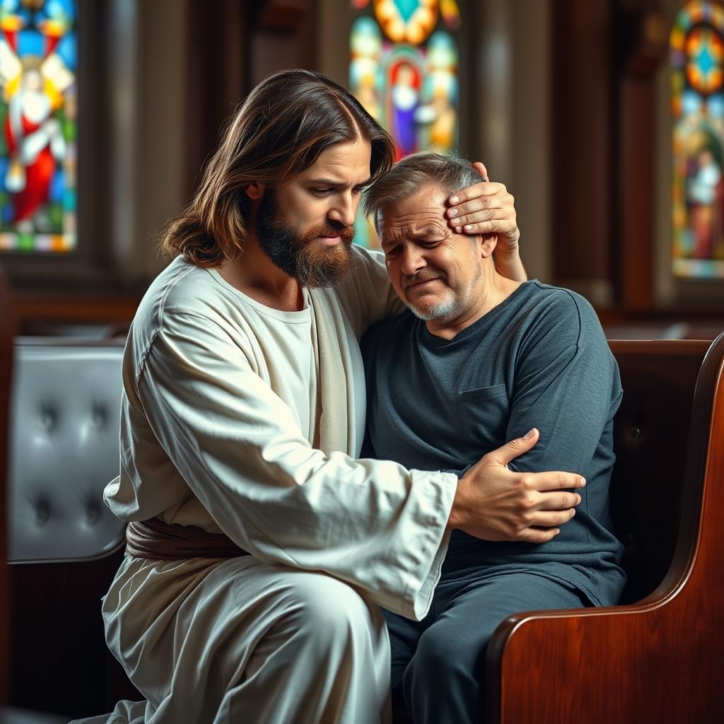 Jesus Christ kneeling in a church pew beside a 35-year-old white crying man