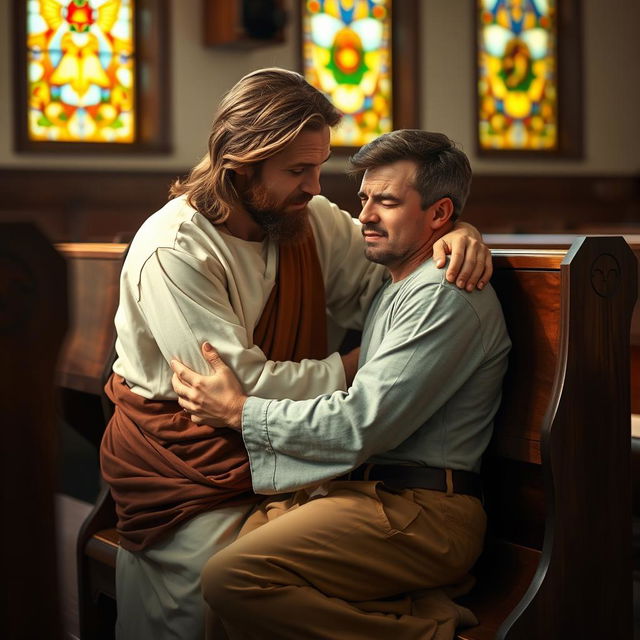 Jesus Christ kneeling in a church pew beside a 35-year-old white crying man