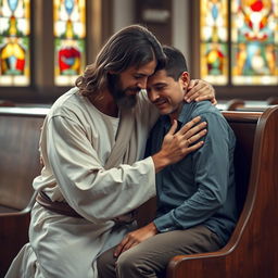 Jesus Christ kneeling in a church pew beside a 35-year-old white crying man