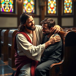 Jesus Christ kneeling in a church pew beside a 35-year-old white crying man