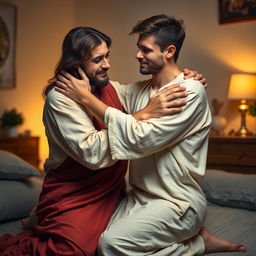 Jesus Christ kneeling beside a young, white crying man in a cozy bedroom