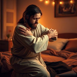 Jesus Christ kneeling beside a young, white crying man in a cozy bedroom