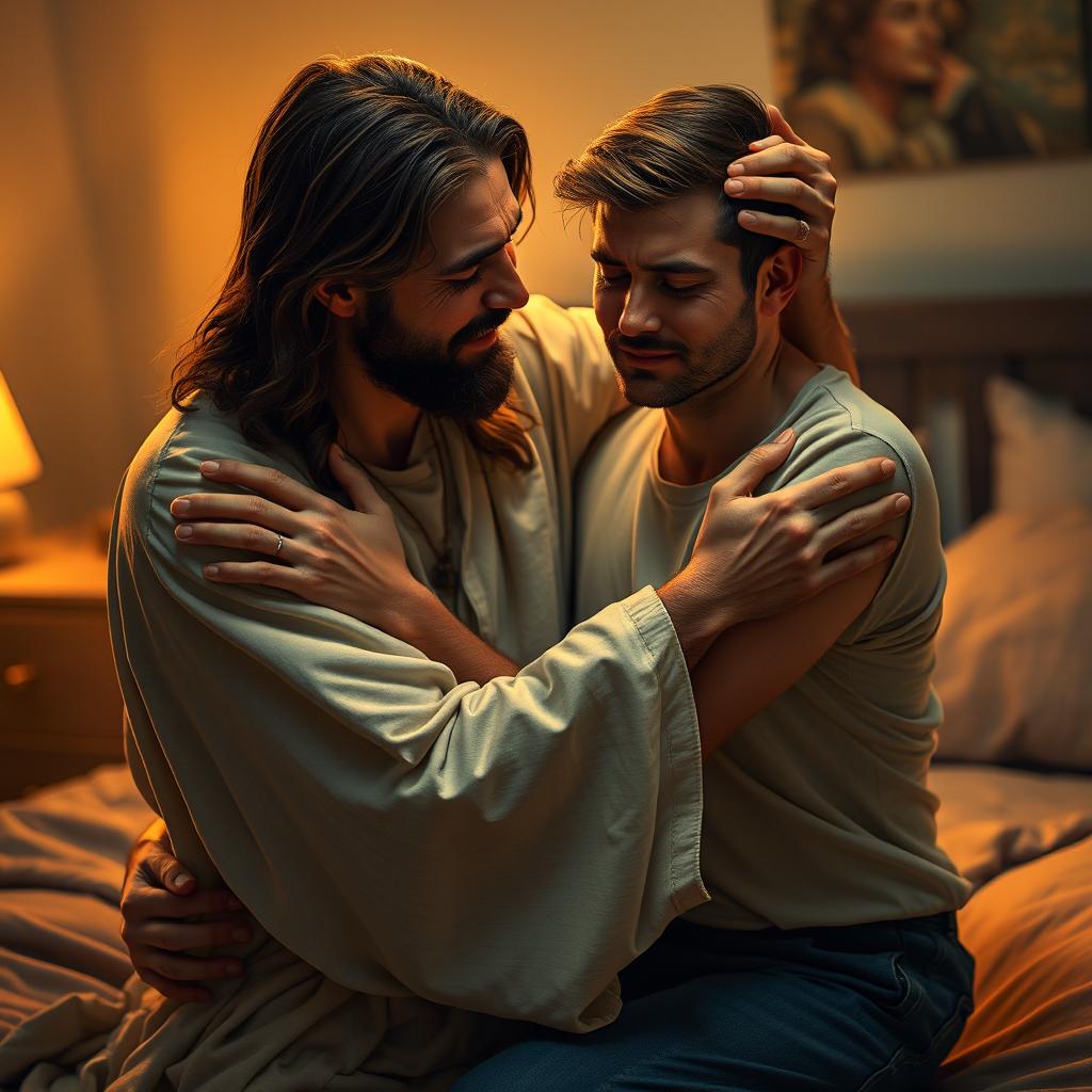 Jesus Christ kneeling beside a young, white crying man in a cozy bedroom