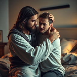 Jesus Christ kneeling beside a young, white crying man in a cozy bedroom