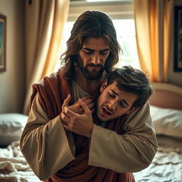 Jesus Christ in a cozy bedroom, gently holding a young, crying man close to his chest