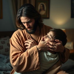 Jesus Christ in a cozy bedroom, gently holding a young, crying man close to his chest