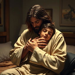 Jesus Christ in a cozy bedroom, gently holding a young, crying man close to his chest