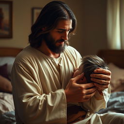 Jesus Christ in a cozy bedroom, gently holding a young, crying man close to his chest