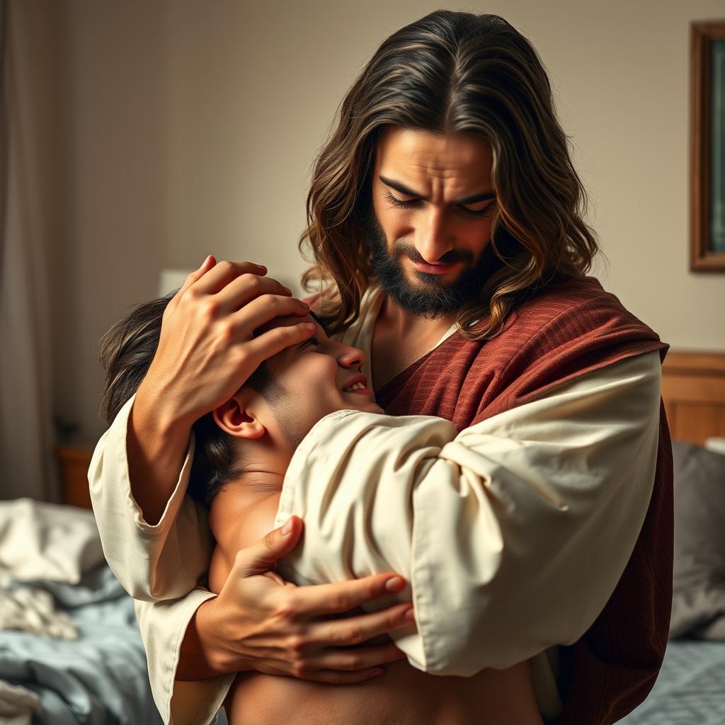 Jesus Christ in a bedroom, gently cradling a crying young adult man close to his chest