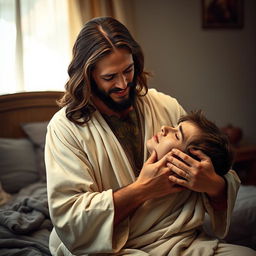 Jesus Christ in a bedroom, gently cradling a crying young adult man close to his chest