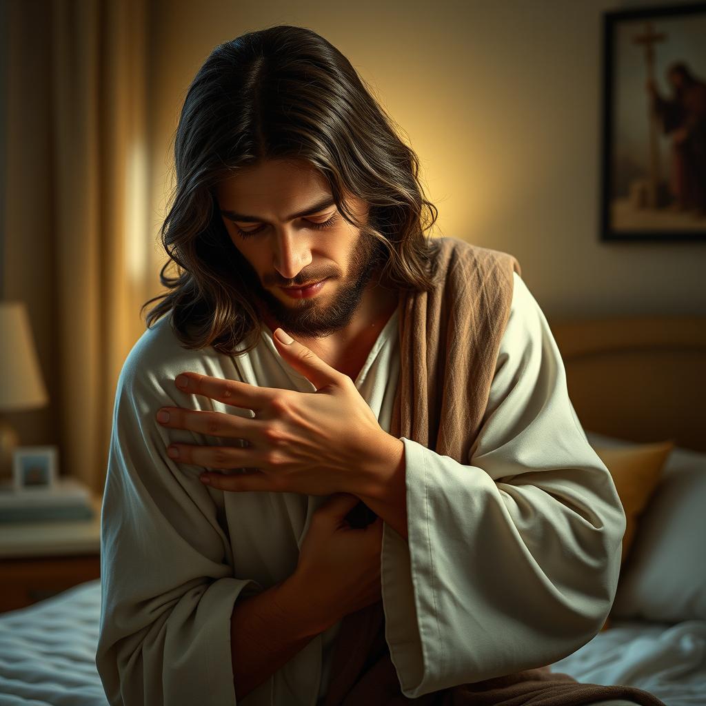 Jesus Christ in a bedroom, gently cradling a crying young adult man close to his chest