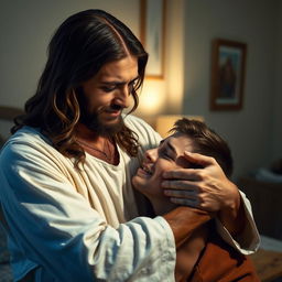 Jesus Christ in a bedroom, gently cradling a crying young adult man close to his chest